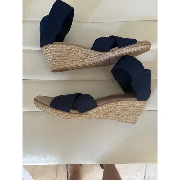 Navy Blue Wedge Espadrille Sandals Women Elastic Ankle Strap Comfort - Picture 4 of 8